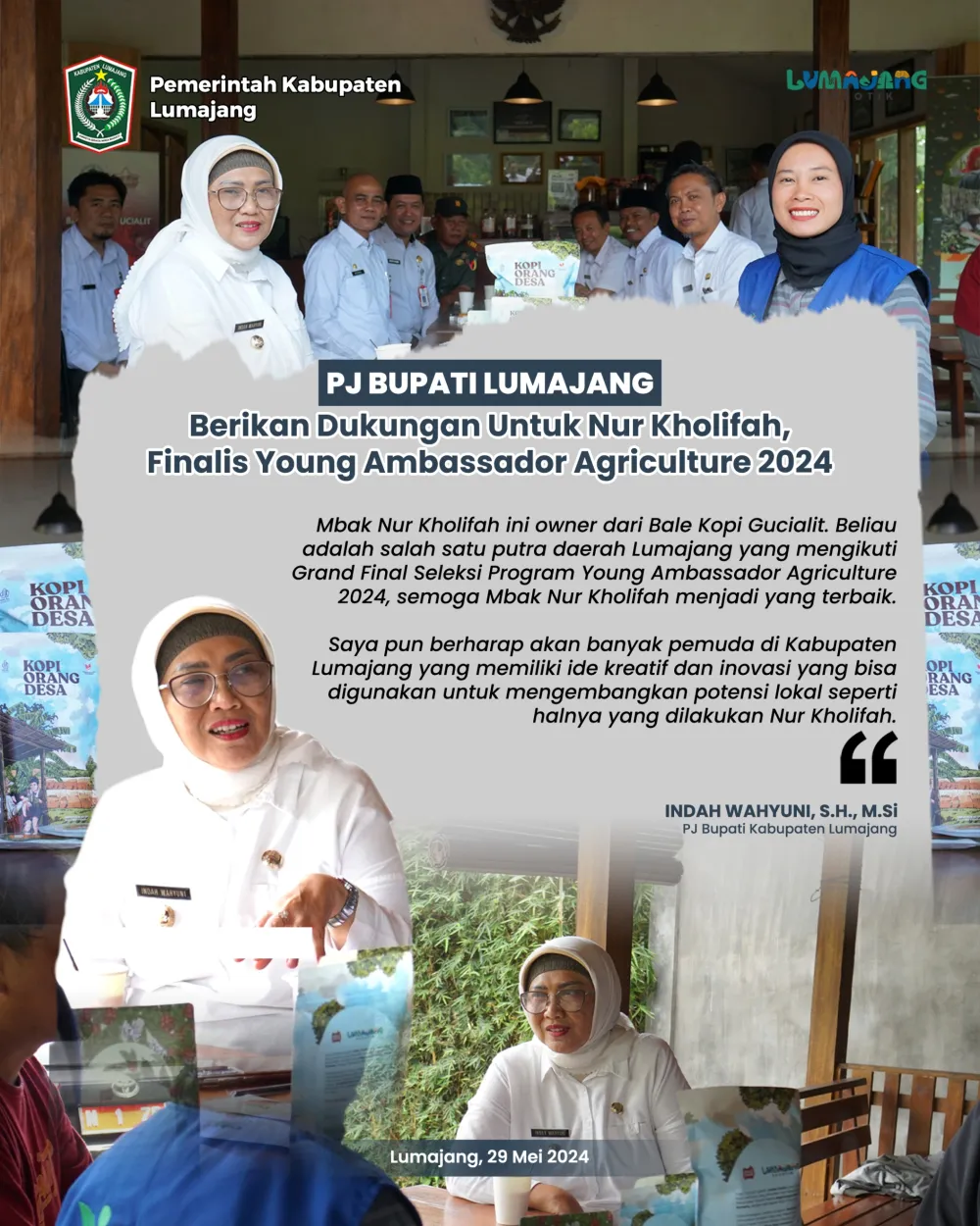 PJ BUPATI LUMAJANG BERIKAN DUKUNGAN UNTUK NUR KHOLIFAH FINALIS YOUNG AMBASSADOR AGRICULTURE 2024