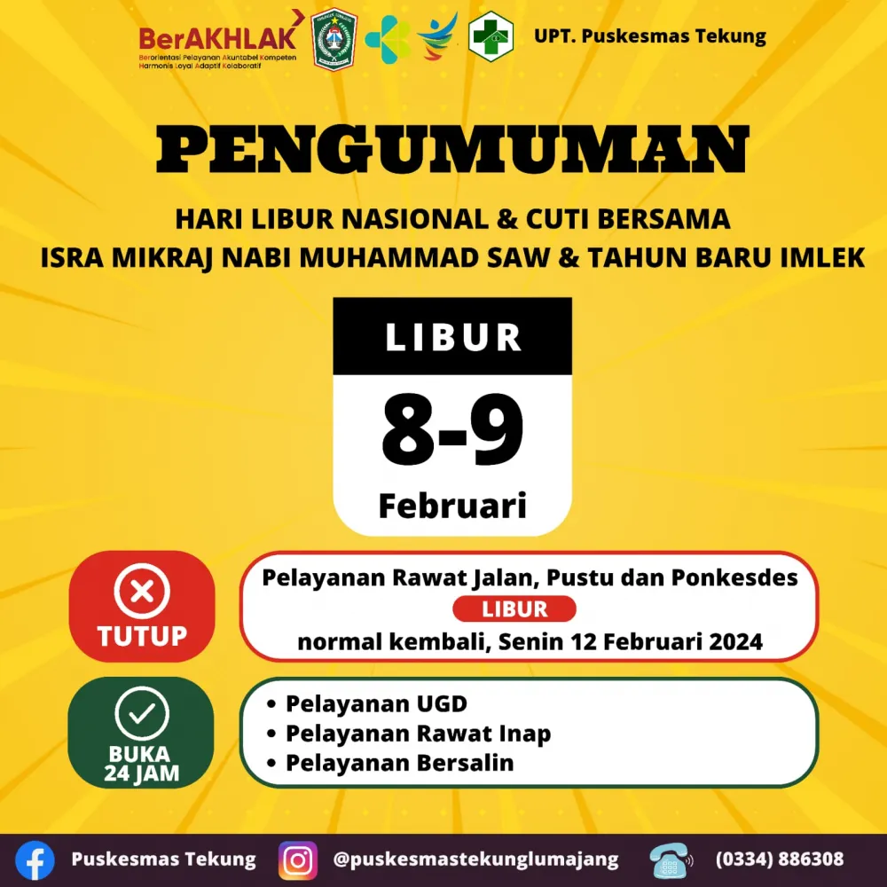 Libur Isra Mikraj dan Tahun Baru Imlek, Semua Layanan Kesehatan di Puskesmas Tekung Dialihkan ke UG